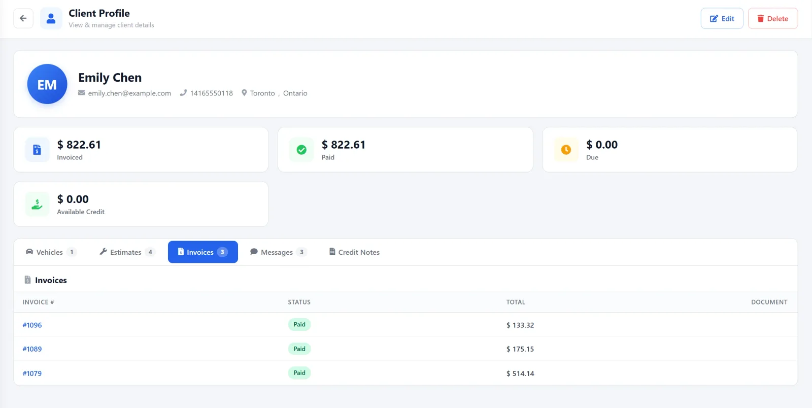 AutoSoftWay Client Profile for Emily Chen: contact details, Invoiced, Paid, Due and Available Credit tiles, and tabs for Vehicles, Estimates, Invoices, Messages and Credit Notes with the Invoices tab listing three paid invoices