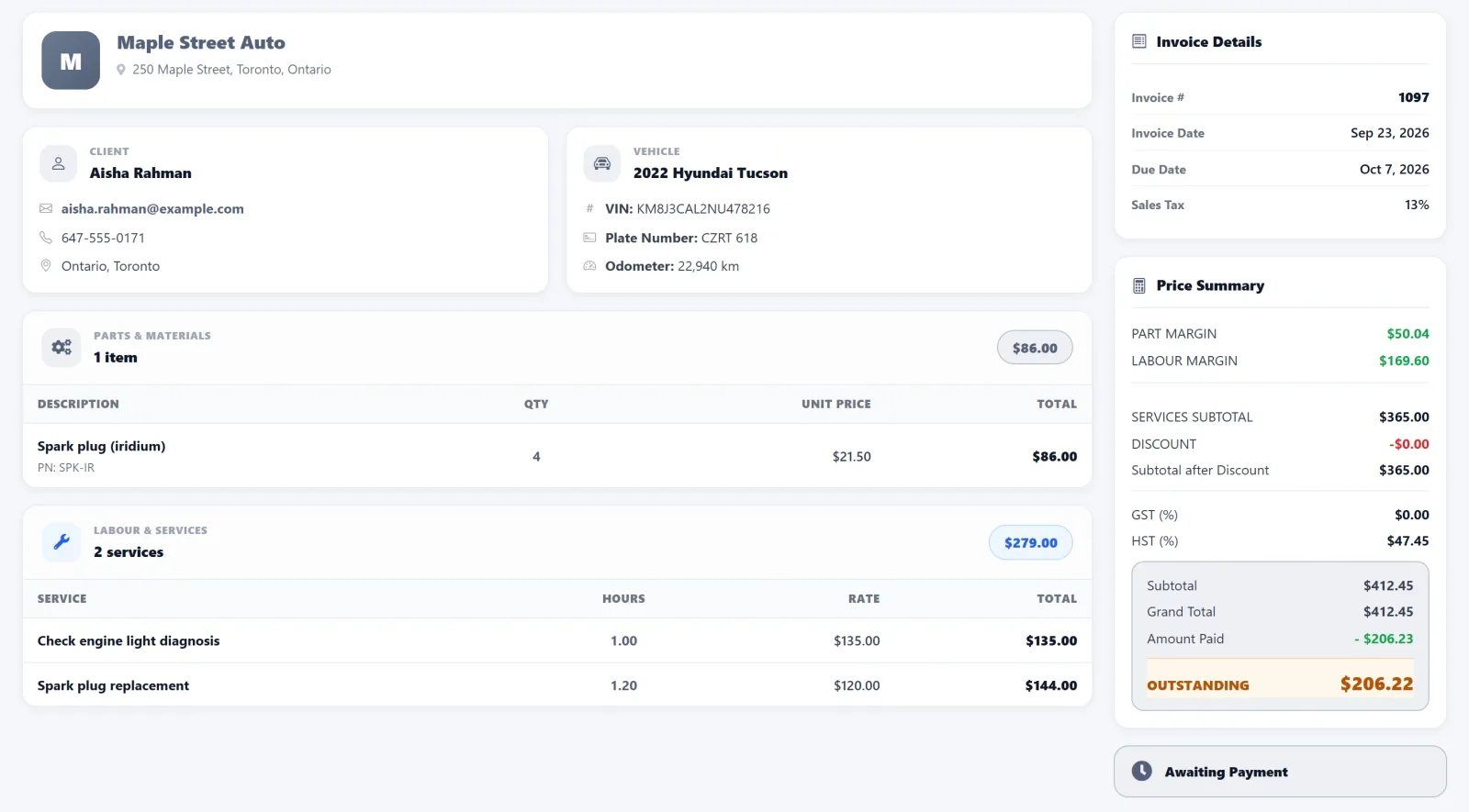 Invoice ready to share with the client