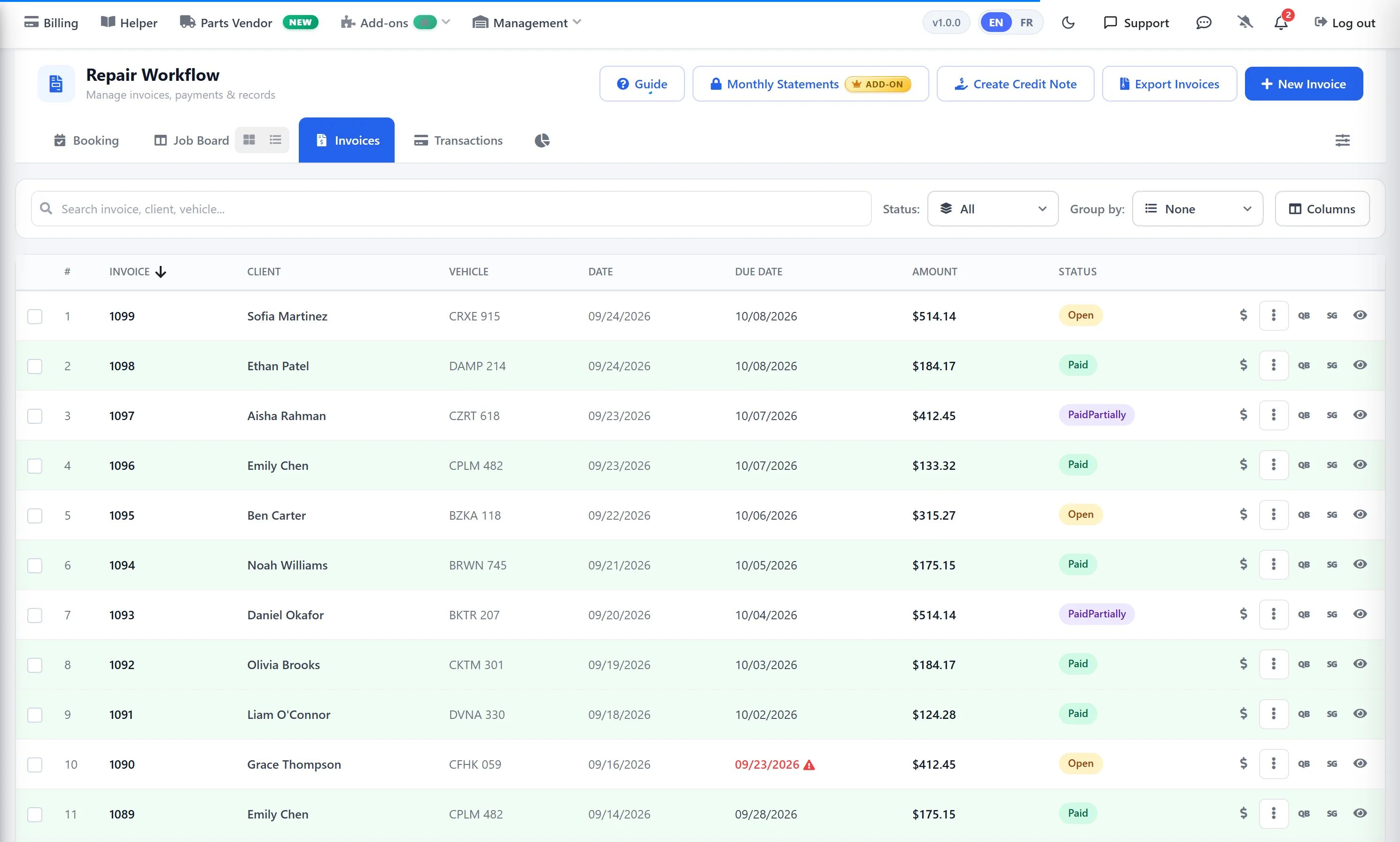 Orders and invoices list