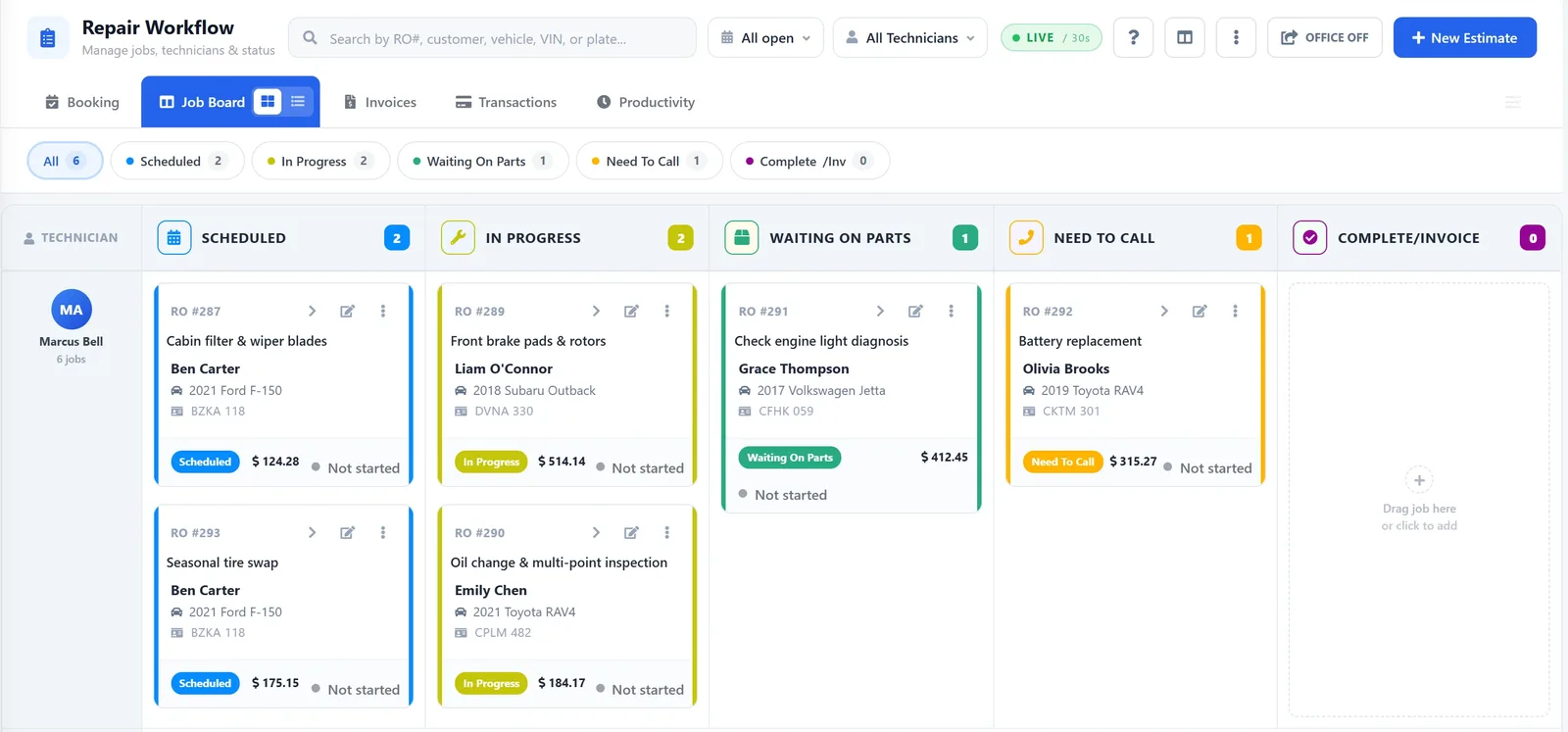 Workflow board with jobs by status