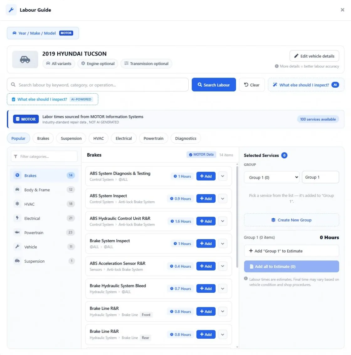 Labour guide lookup for the vehicle